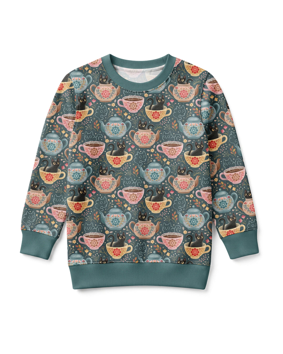 Folk Floral Black Cat Tea Party Bamboo Crewneck Sweatshirt