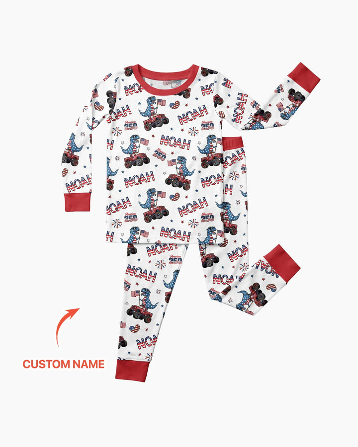 Custom Name American Flag Dinosaur Bamboo Two Piece Long Sleeve Pajama Set