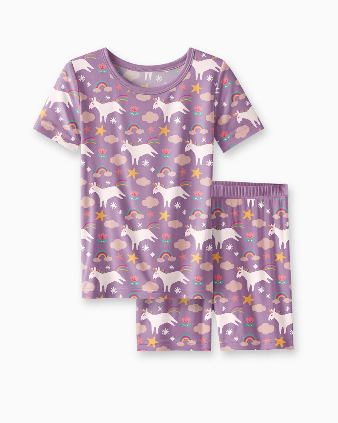 Pijama de dos piezas de bambú de manga corta con pantalón corto y unicornios morados