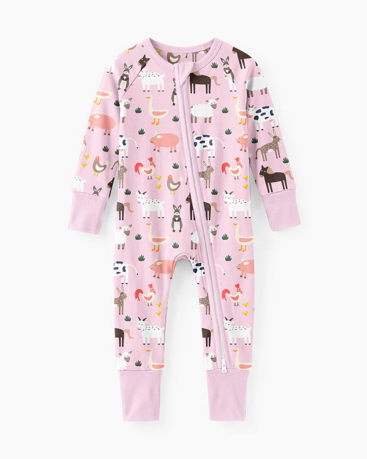Pink Farm Animals Bamboo Convertible Zippered Romper