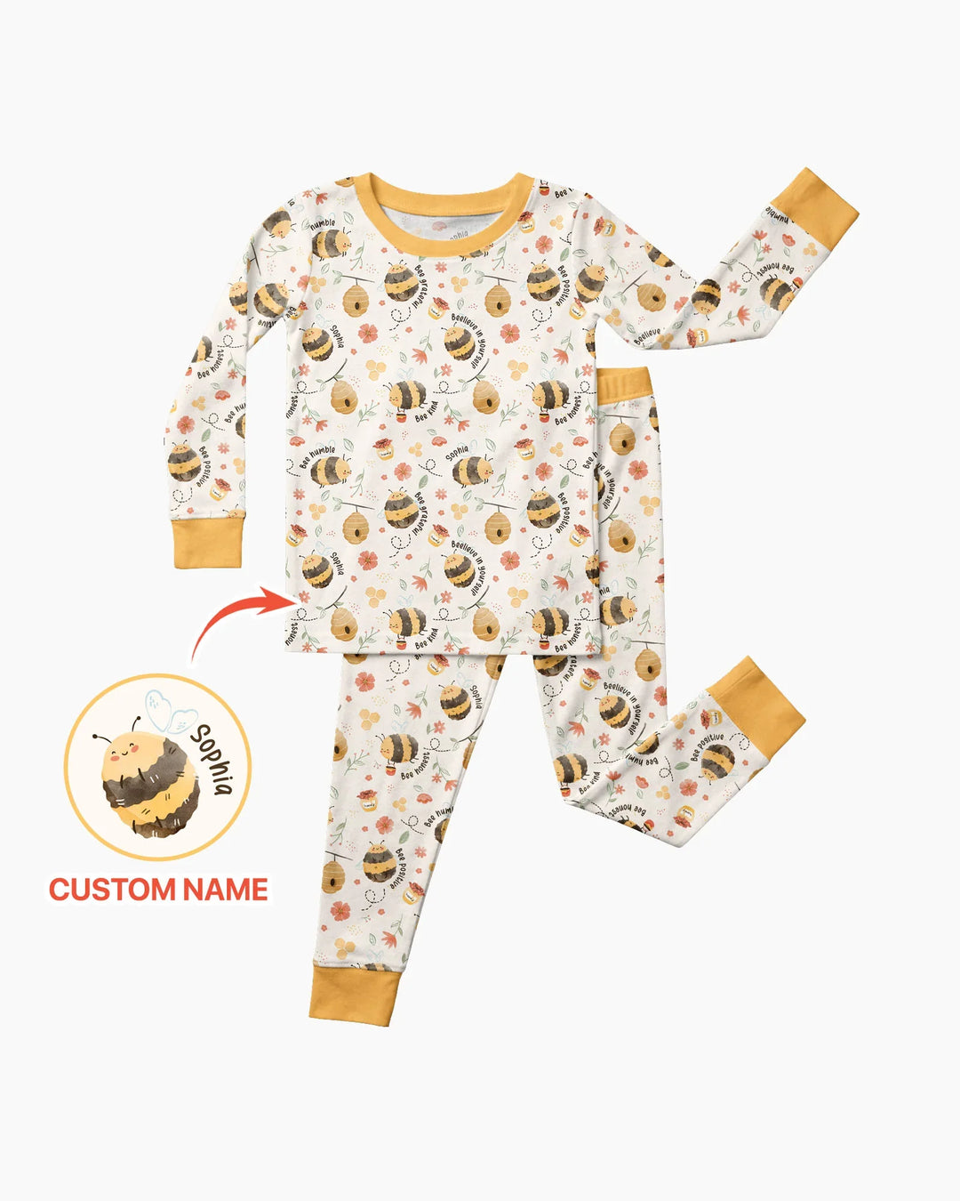 Bee Kind Custom Name Bamboo Two Piece Long Sleeve Pajama Set