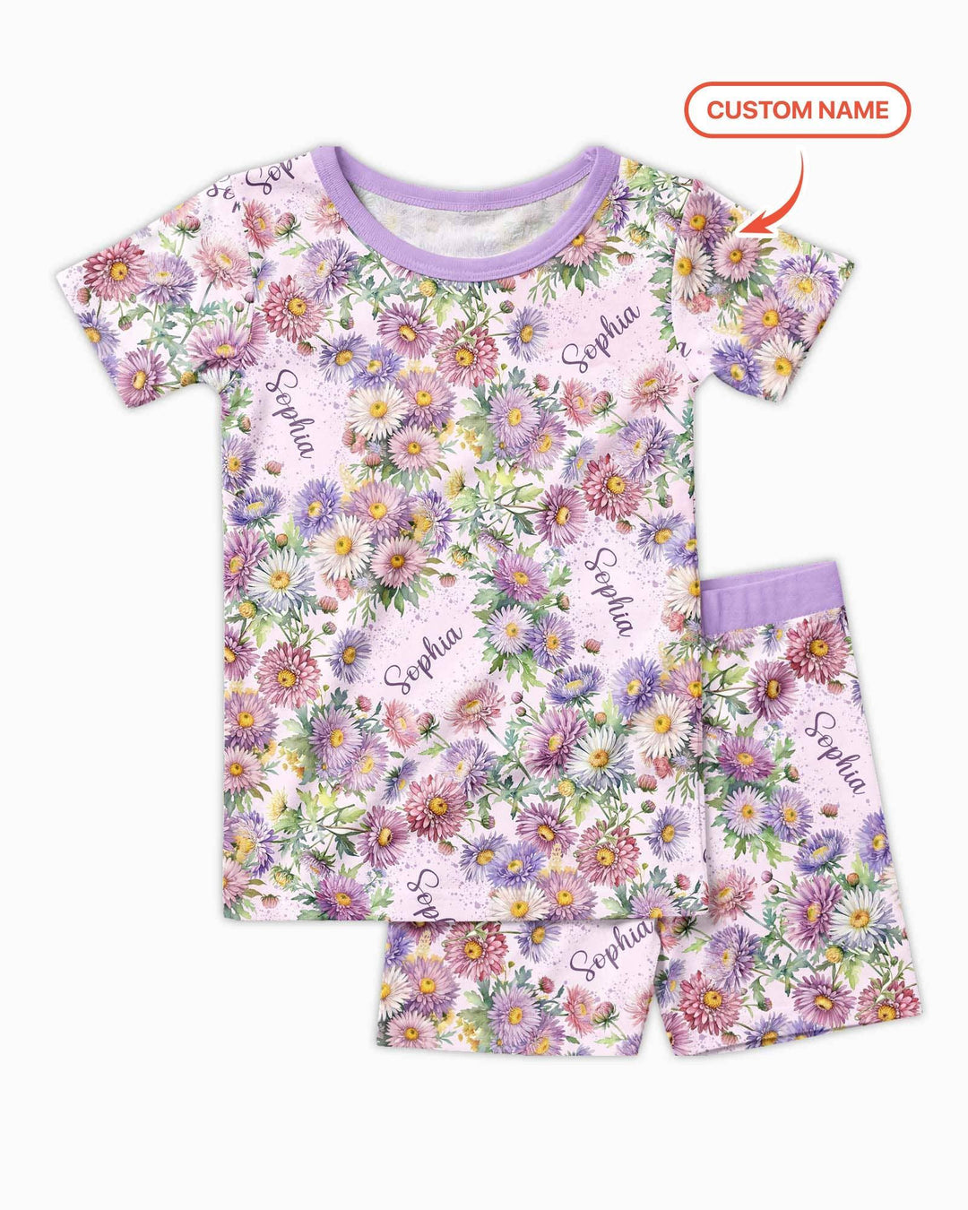 Custom Name Birth Month Flowers Bamboo Two Piece Short Sleeve Shorts Pajama Set