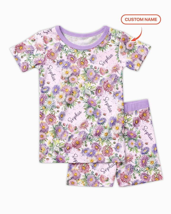 Custom Name Birth Month Flowers Bamboo Two Piece Short Sleeve Shorts Pajama Set