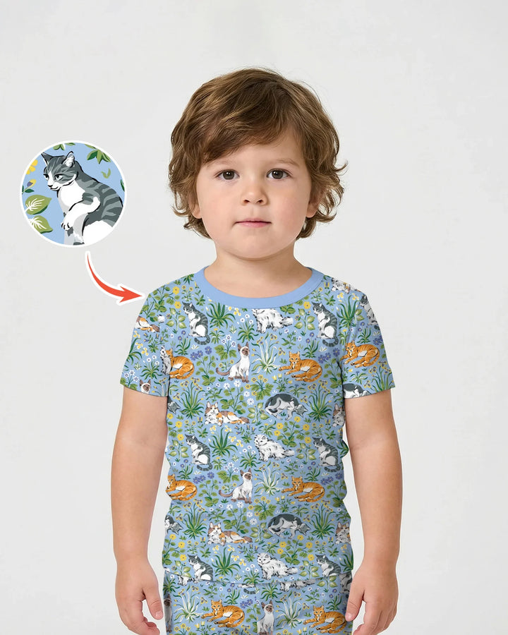 Pijama de dos piezas de bambú de manga corta y pantalón corto a juego para la familia de Kitten Garden
