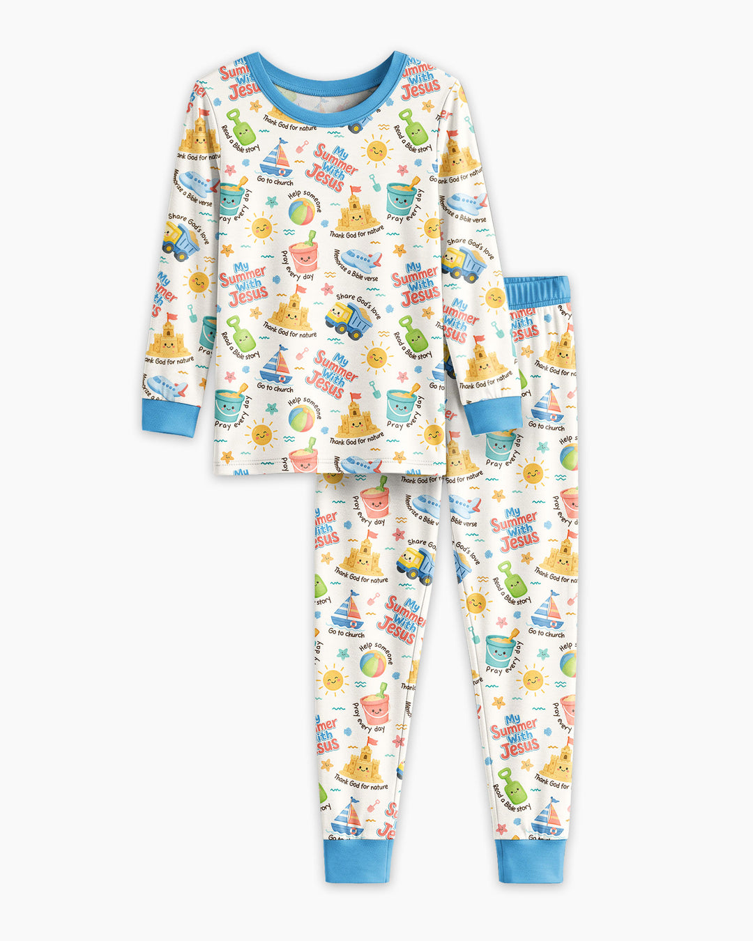 Colorful Summer Beach With Jesus Bamboo Two Piece Long Sleeve Pajama Set