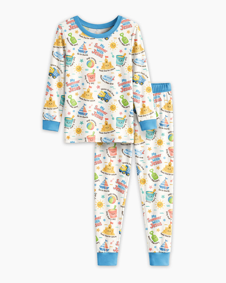 Colorful Summer Beach With Jesus Bamboo Two Piece Long Sleeve Pajama Set