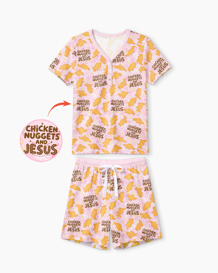 Chicken Nuggets and Jesus Family Matching Bamboo Women Short Sleeve Short Pajama Set