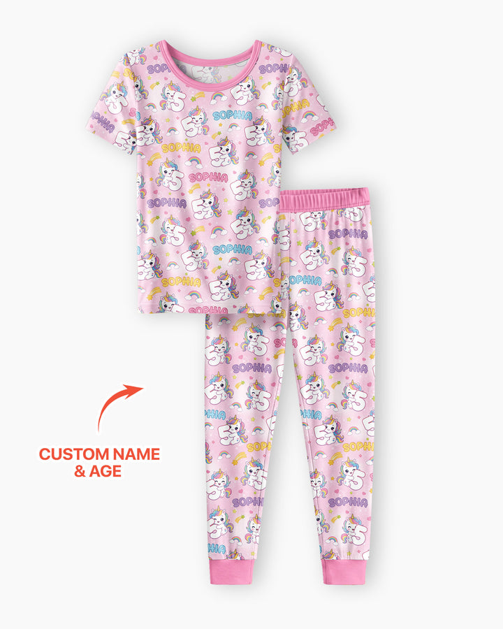 Custom Name Kawaii Unicorn Birthday Bamboo Two Piece Short Sleeve Pajama Set