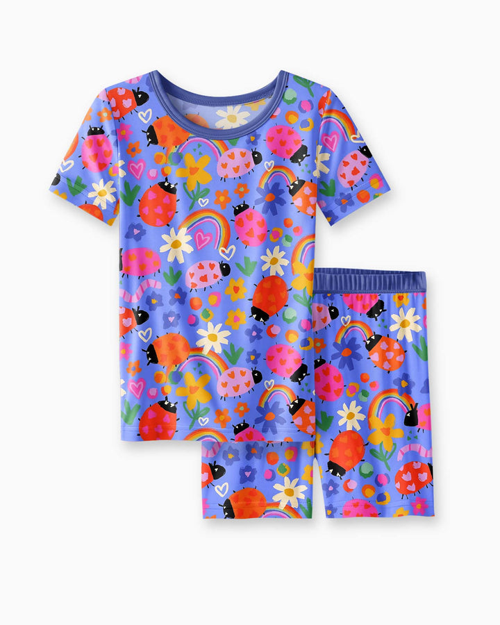 Conjunto de pijama de dos piezas de bambú con mangas cortas y shorts para niñas, diseño de mariquitas