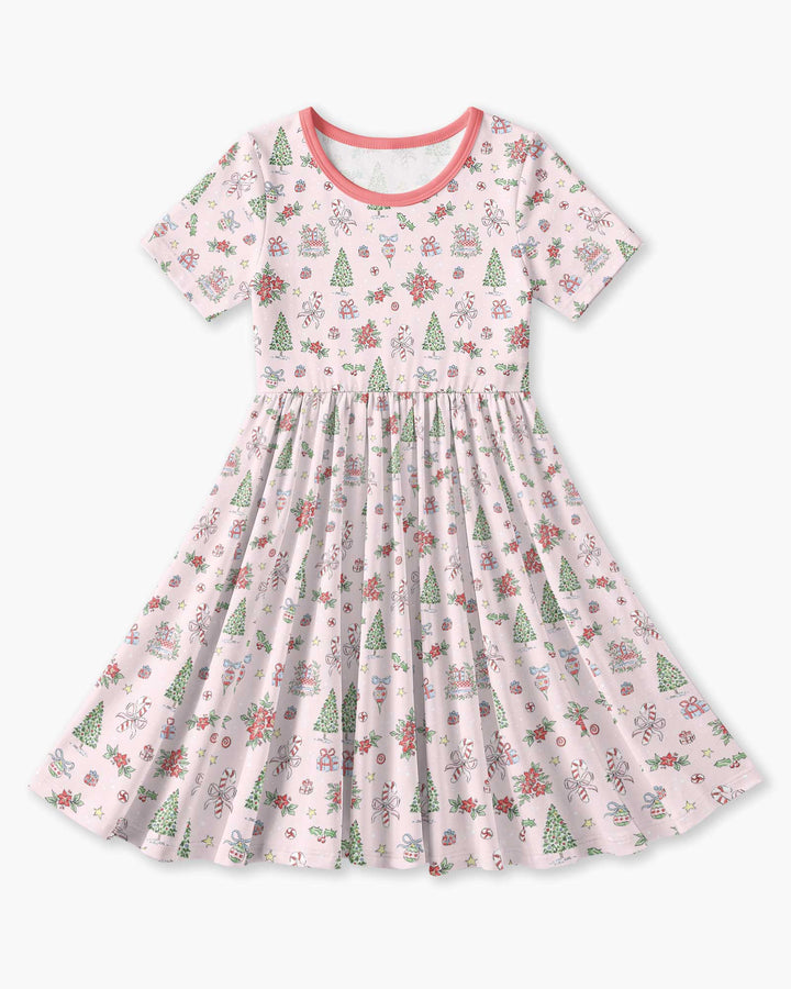 Watercolor Pink Christmas Holidays Christmas Tree Gifts Candy Cane Bamboo Twirl Dress