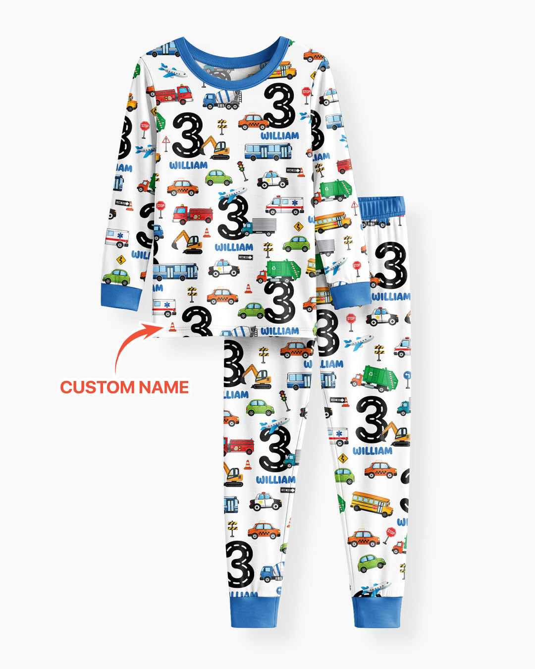 Personalized Birthday Boy Transportation Vehicles Bamboo Two Piece Long Sleeve Pajama Set