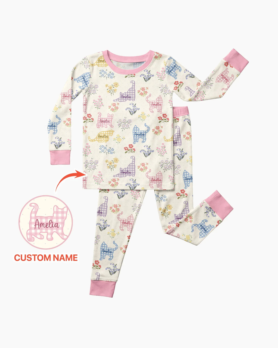 Gingham Cats Custom Name Bamboo Two Piece Long Sleeve Pajama Set