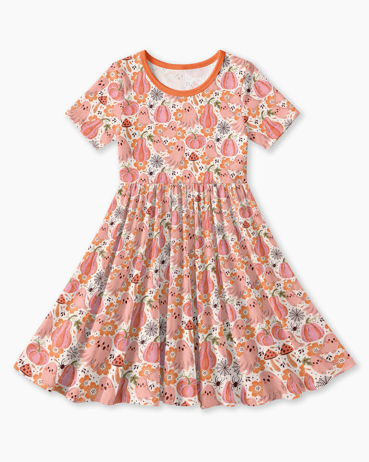 Pink Ghost Pumpkin Fall Floral Halloween Bamboo Twirl Dress