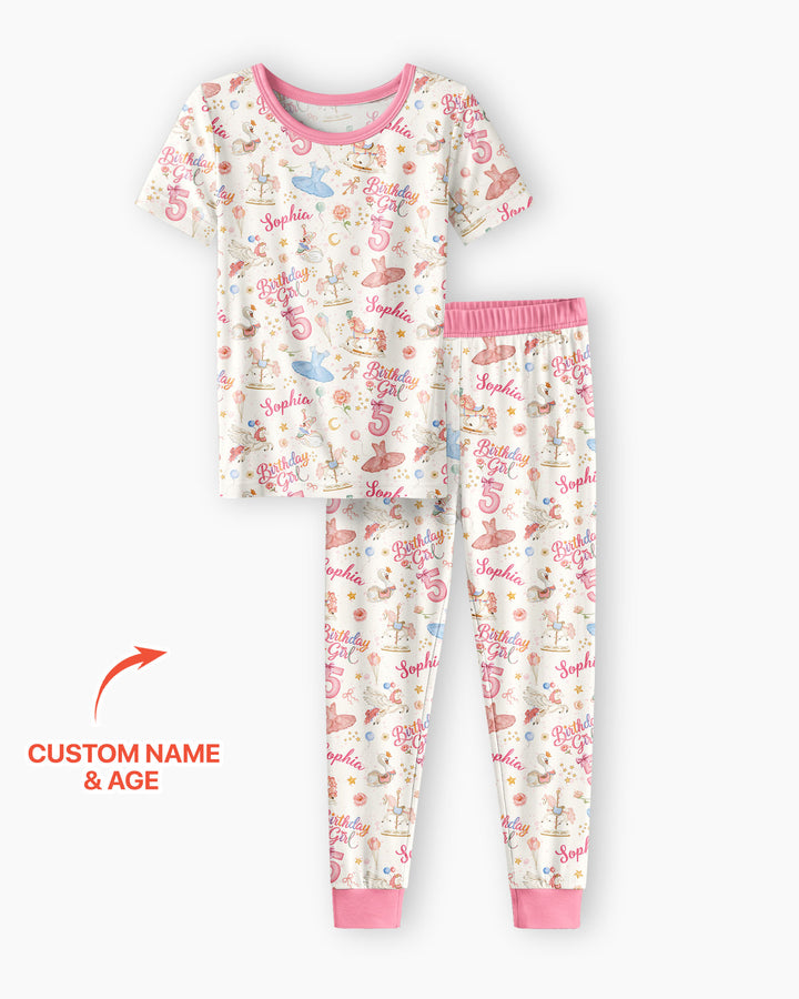 Ballerina Birthday Girl Custom Name & Age Bamboo Two Piece Short Sleeve Pajama Set