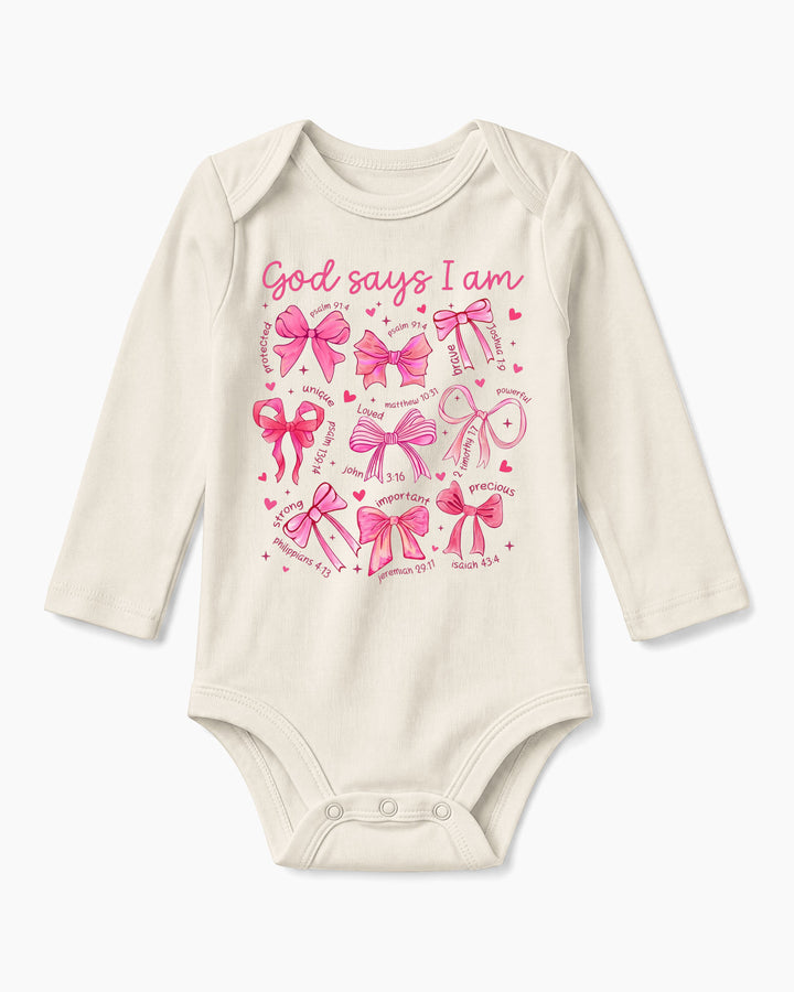 God Says I Am Scripture Baby Girl Bamboo Bodysuit