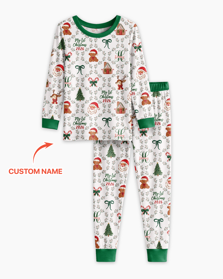 Custom name "Fancy Monogram Green Christmas 2026" Bamboo Two Piece Long Sleeve Pajama Set