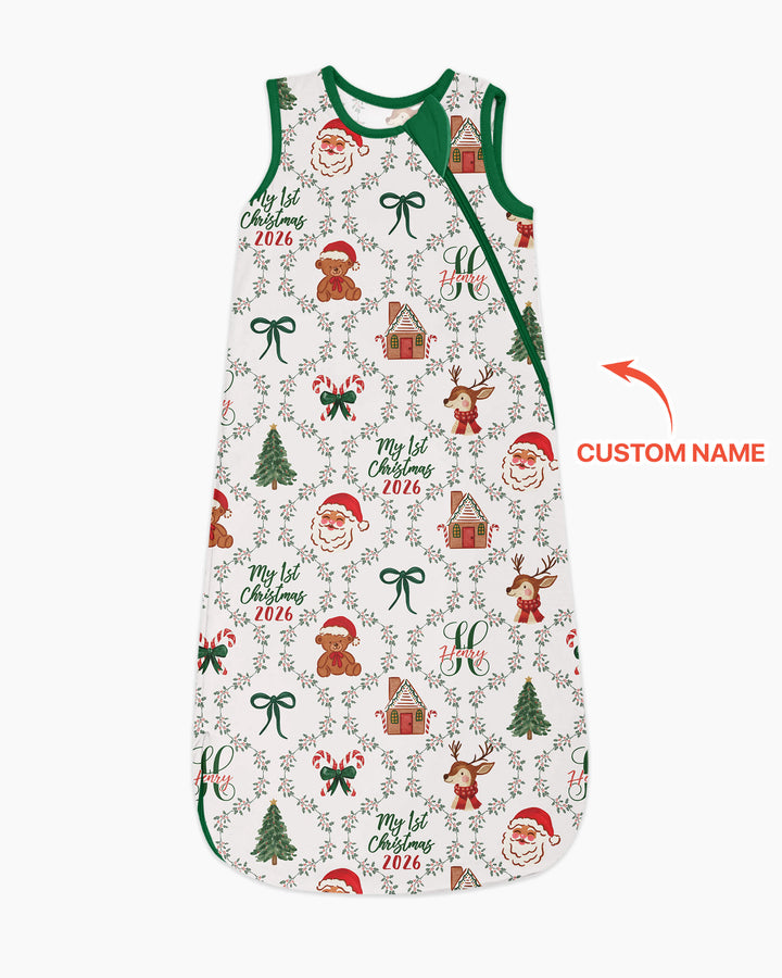Custom name "Fancy Monogram Green Christmas 2026" Bamboo Sleep Bag