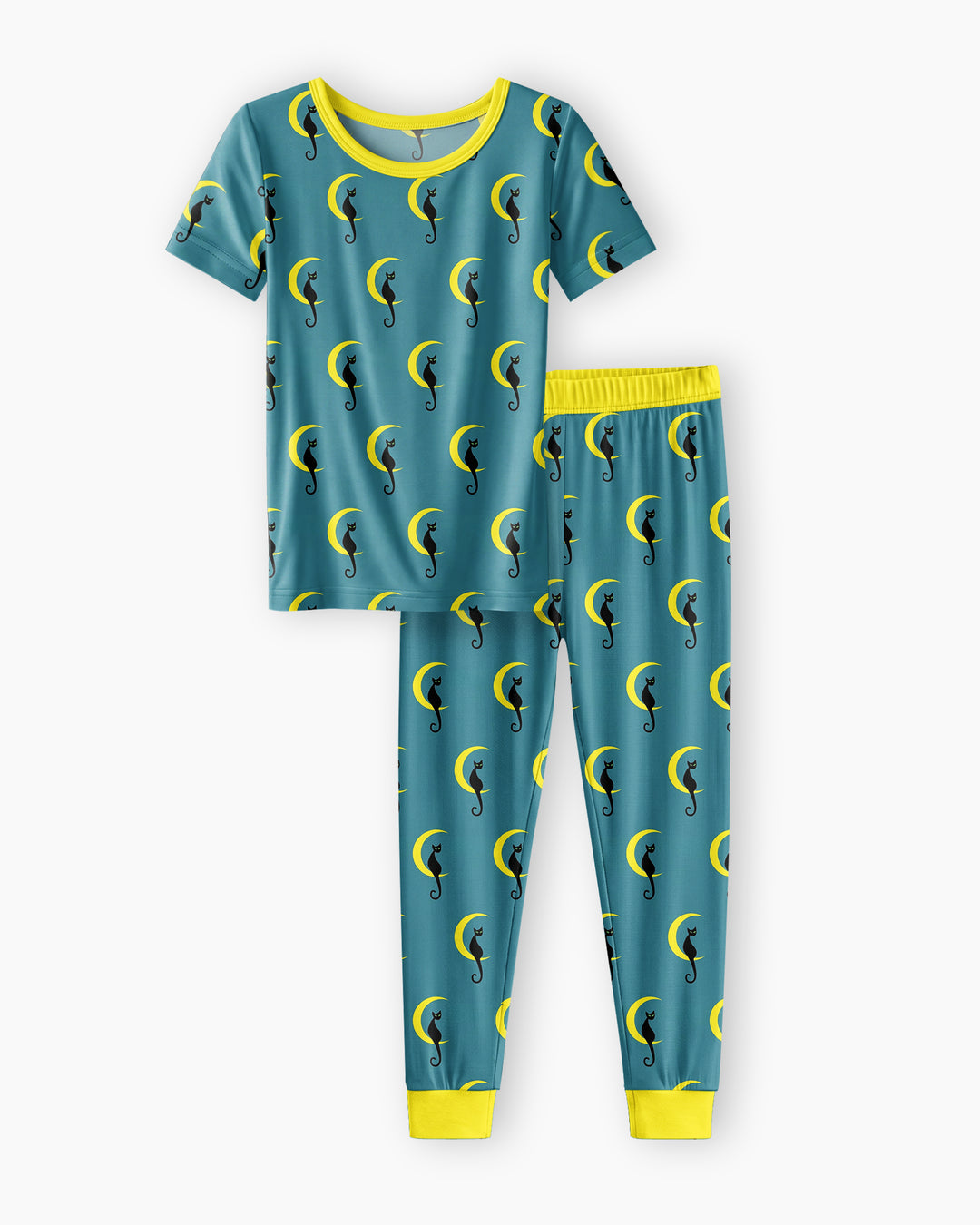 Black Cat Crescent Moon Celestial Night Bamboo Two Piece Short Sleeve Pajama Set