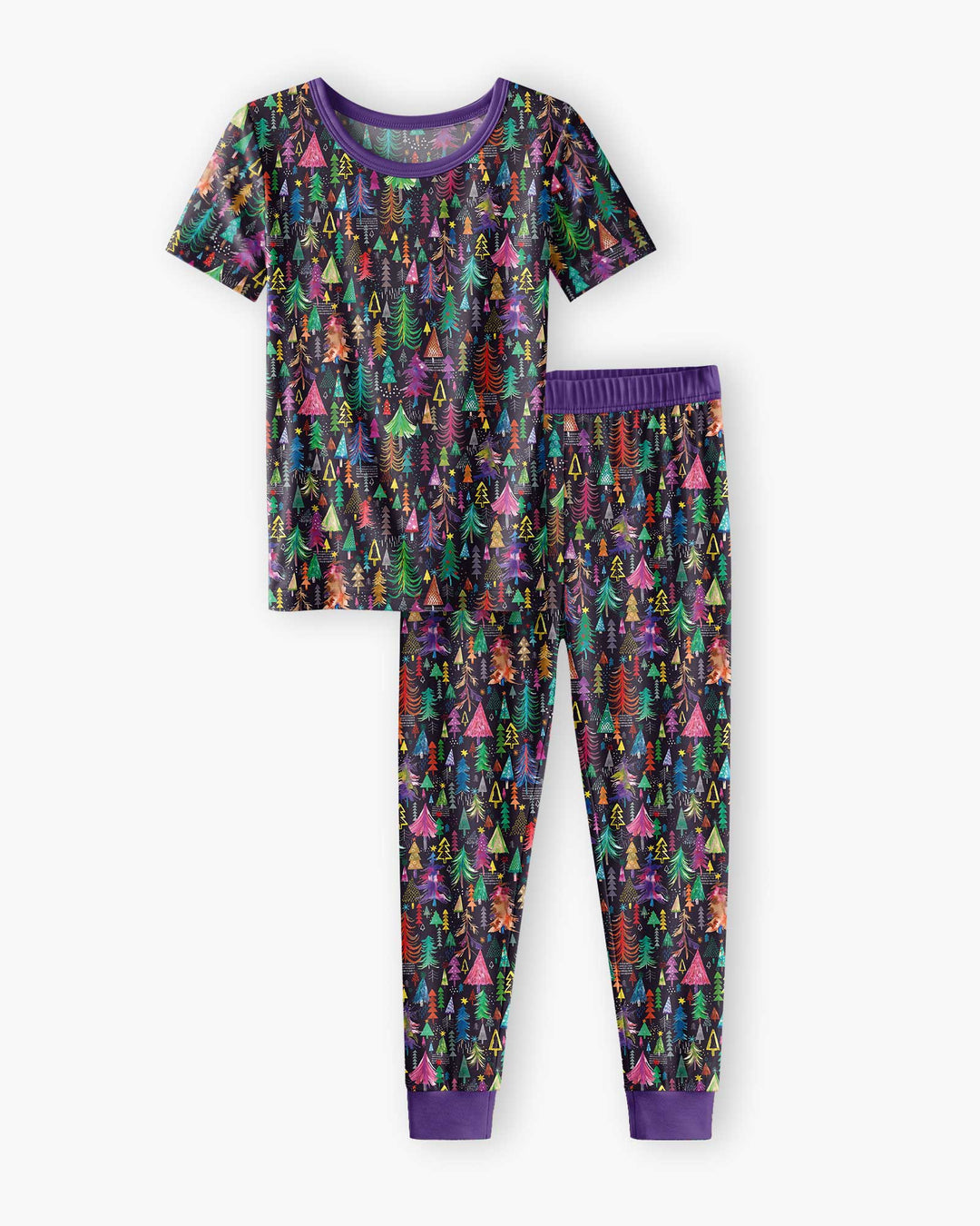 Christmas Holiday Colorful Trees Bamboo Two Piece Short Sleeve Pajama Set