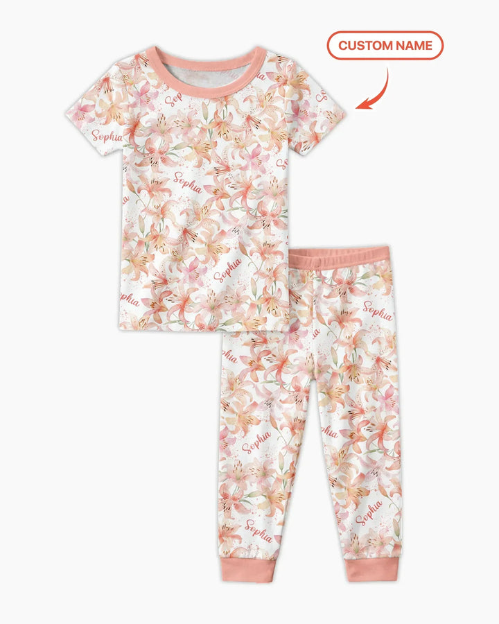Custom Name Birth Month Flowers Bamboo Two Piece Short Sleeve Pajama Set