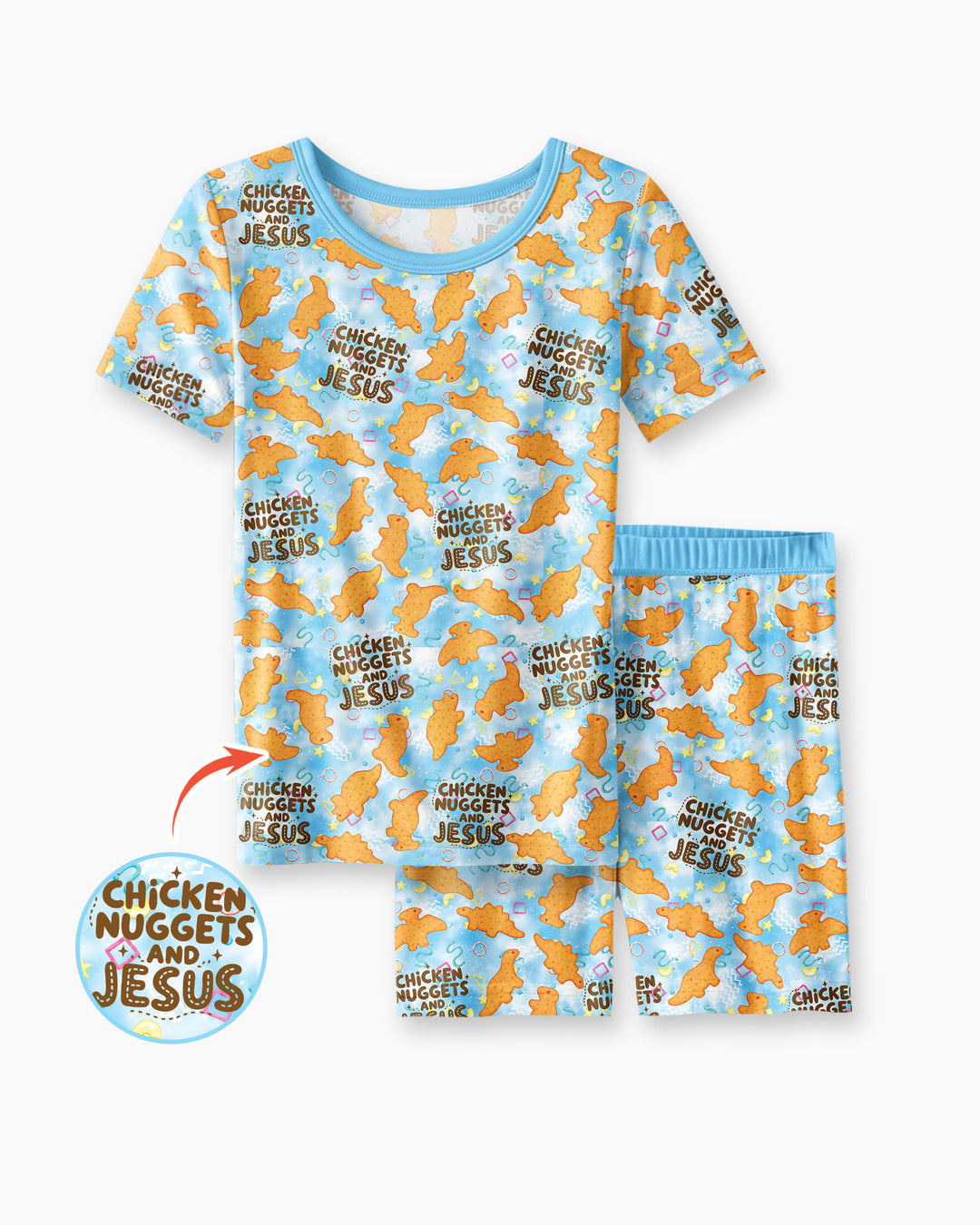 Chicken Nuggets and Jesus Family Matching Bamboo Two Piece Short Sleeve Shorts Pajama Set