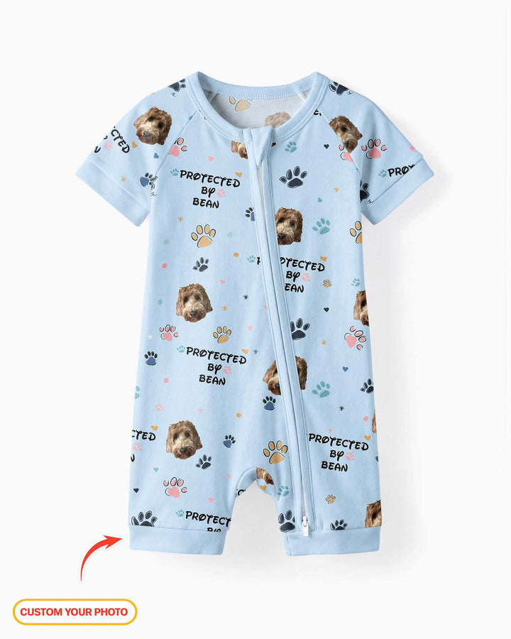 Custom Dog Photo Pattern "Protected By" Bamboo Shorty Zippered Romper