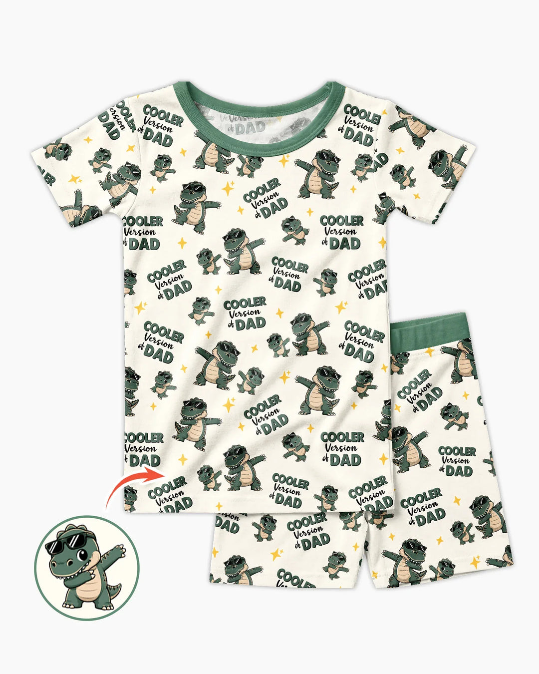 Genial conjunto de pijama de dos piezas de bambú de manga corta y pantalón corto a juego para papá y yo con diseño de dinosaurio.