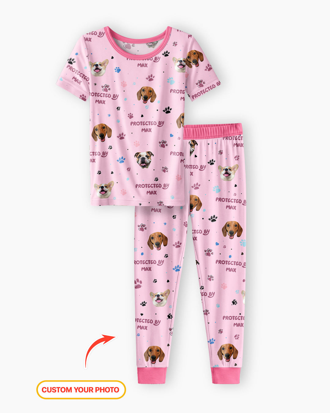 Custom Dog Photos "Protected By" Pawfect Pink Bamboo Two Piece Short Sleeve Pajama Set