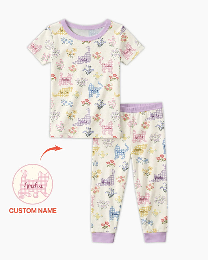 Gingham Cats Custom Name Bamboo Two Piece Short Sleeve Pajama Set