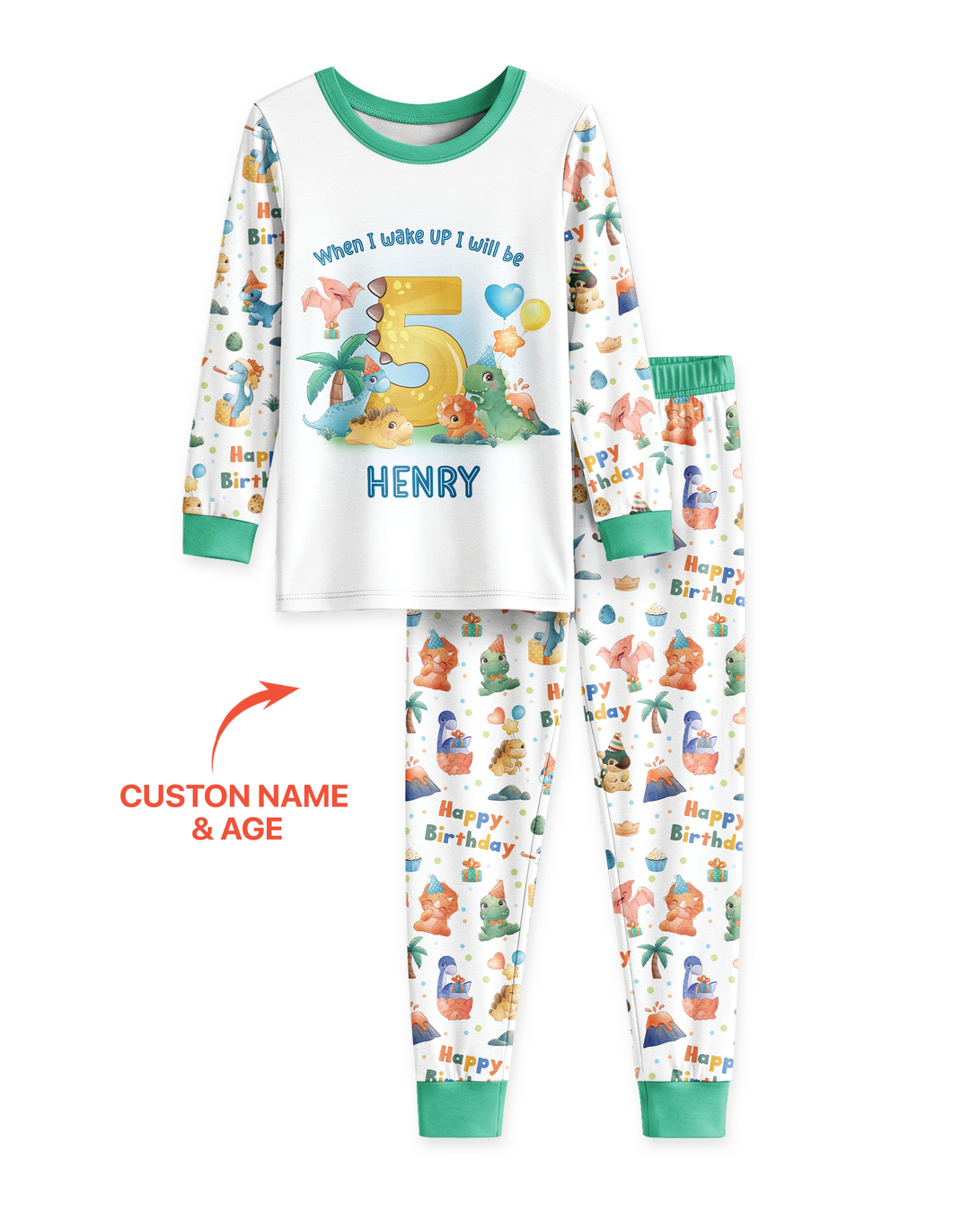 Custom Name When I Wake Up Birthday Dino Bamboo Two Piece Long Sleeve Pajama Set