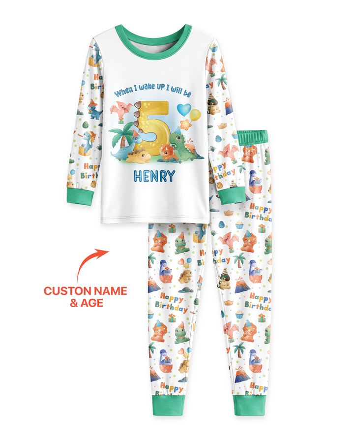 Custom Name When I Wake Up Birthday Dino Bamboo Two Piece Long Sleeve Pajama Set