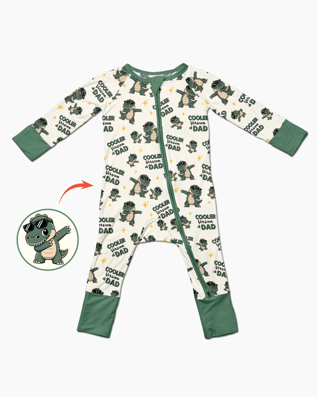 Divertido pijama de bambú convertible con cremallera de dinosaurio para papá e hijo a juego