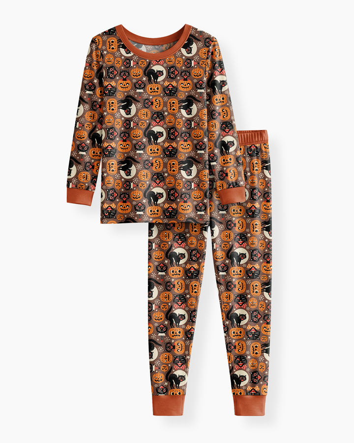 Vintage Halloween Black Cat Pumpkin Bamboo Two Piece Long Sleeve Pajama Set