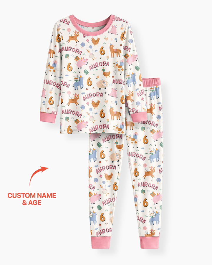 Personalized Farm Animals Birthday Bamboo Two Piece Long Sleeve Pajama Set