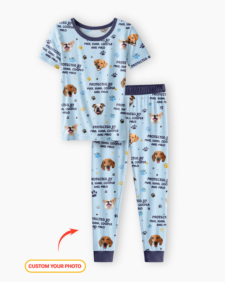 Custom Dog Photos "Protected By" Pawfect Pink Bamboo Two Piece Short Sleeve Pajama Set