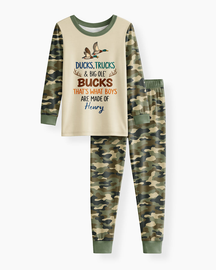 Custom Name Ducks, Trucks & Big Ole' Bucks Bamboo Two Piece Long Sleeve Pajama Set