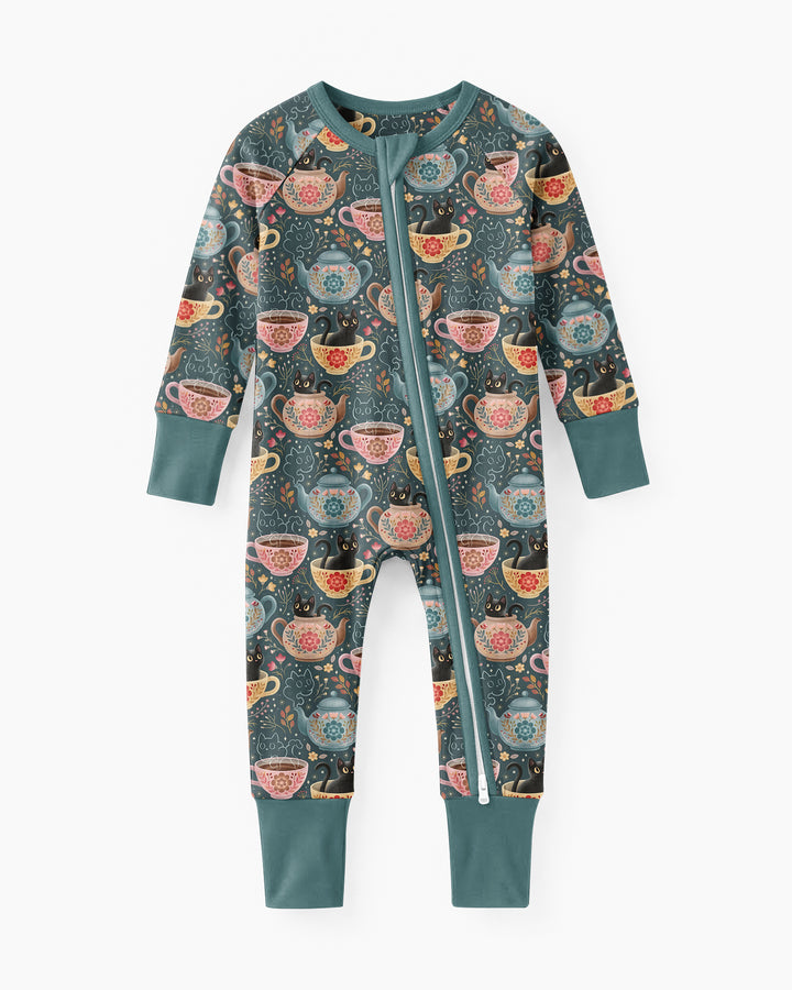 Folk Floral Black Cat Tea Party Bamboo Convertible Zippy