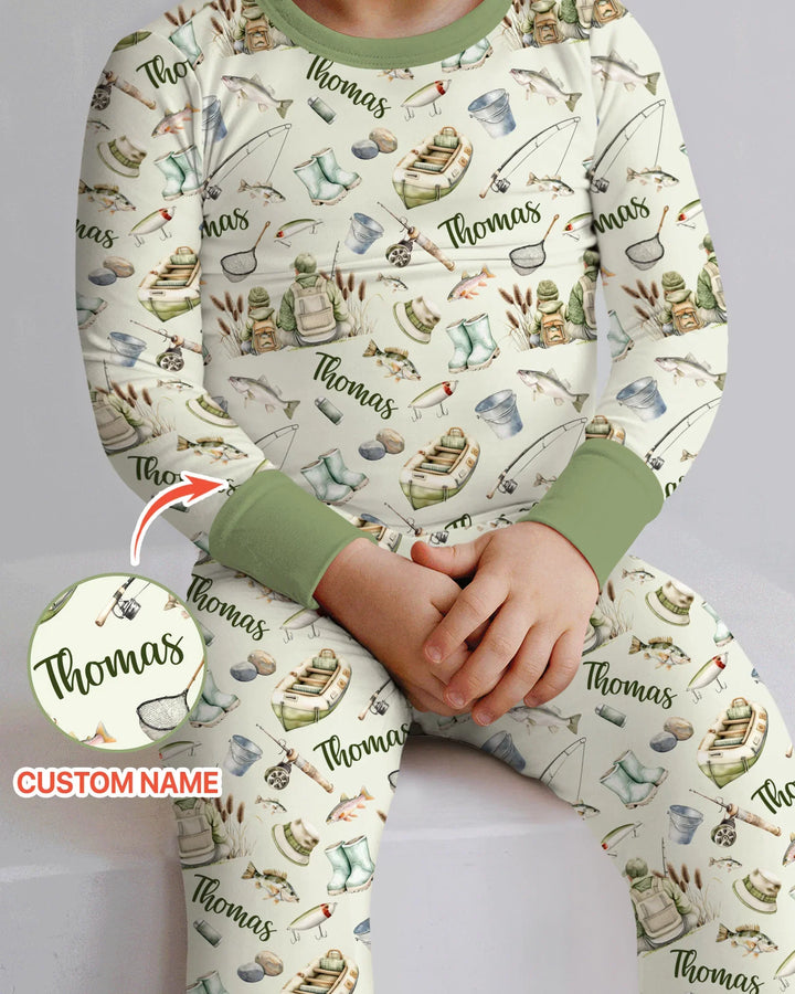 Custom Name Fishing Day Daddy & Me Matching Bamboo Two Piece Long Sleeve Pajama Set