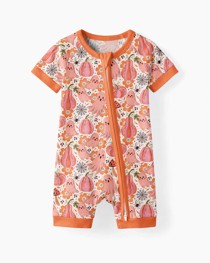 Pink Ghost Pumpkin Fall Floral Halloween Bamboo Shorty Zippy