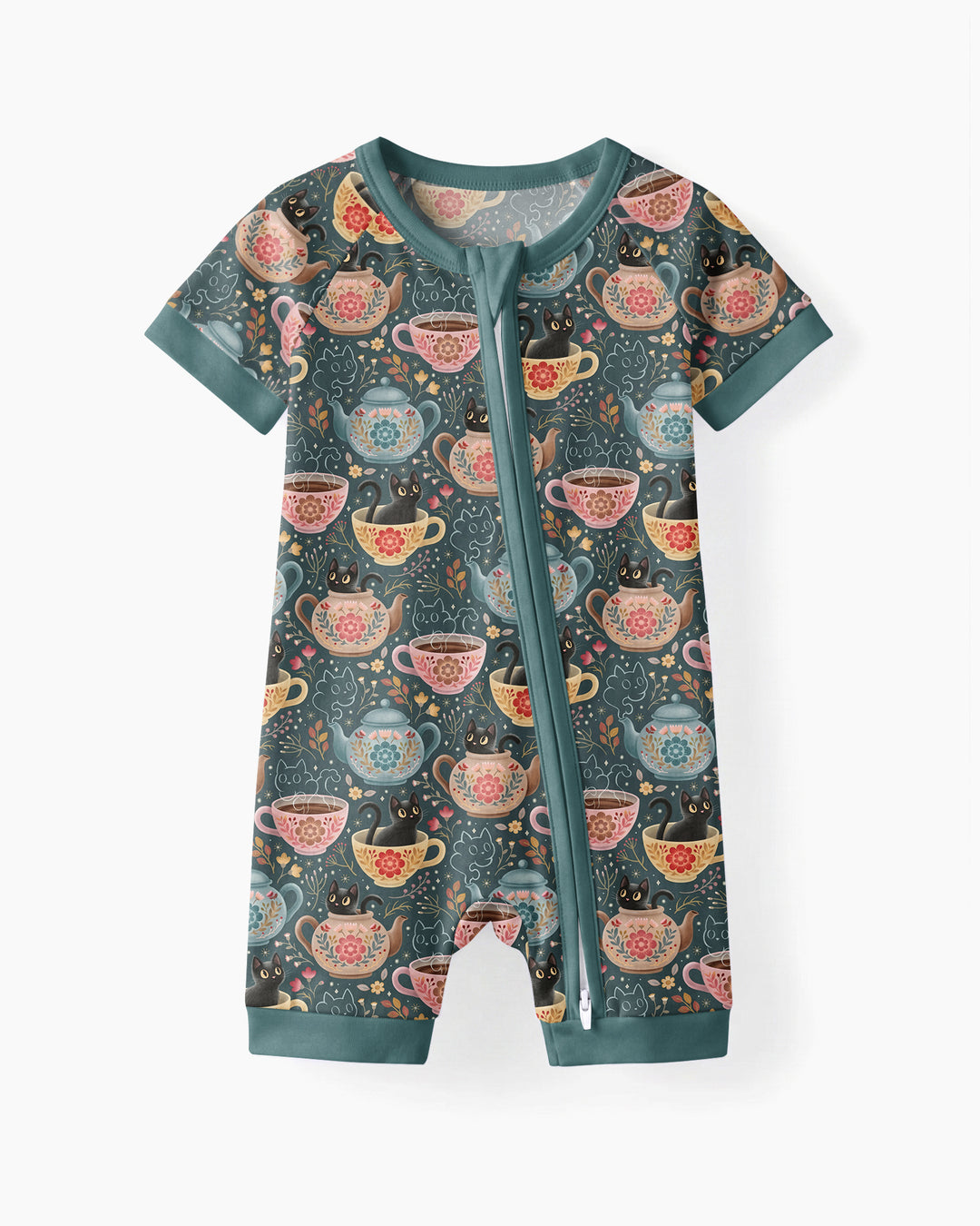 Folk Floral Black Cat Tea Party Bamboo Shorty Zippy