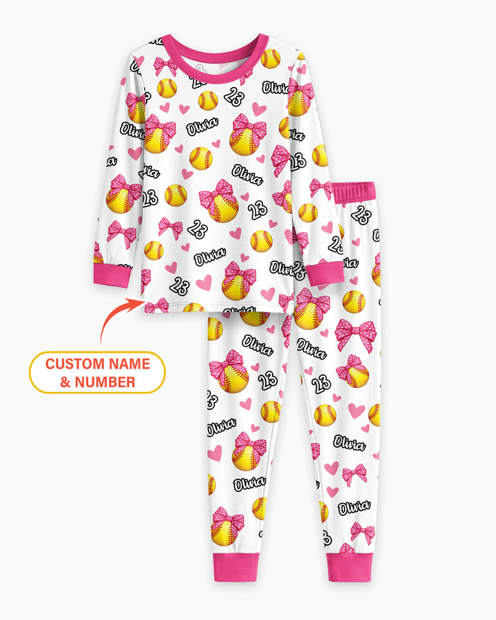 Coquette Ball Custom Name And Number Bamboo Two Piece Long Sleeve Pajama Set