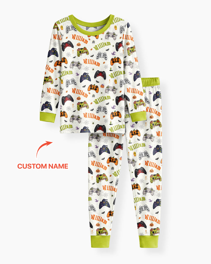 Custom Name Halloween Gaming Controllers Bamboo Two Piece Long Sleeve Pajama Set