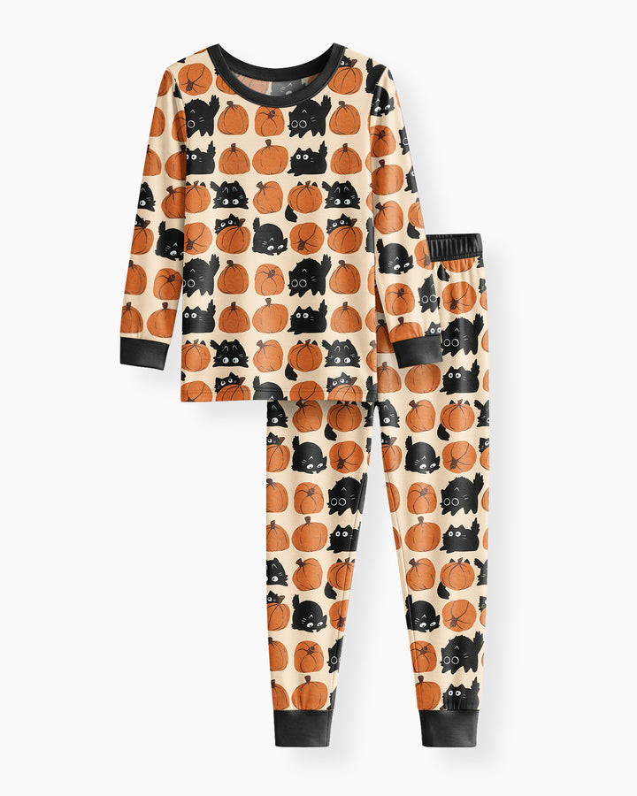 Black Cat Pumpkins Bamboo Two Piece Long Sleeve Pajama Set