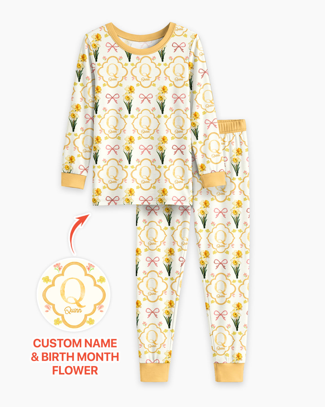 Personalized Birth Flower Mommy And Me Matching Bamboo Two Piece Long Sleeve Pajama Set