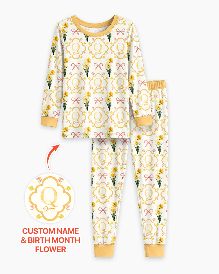 Personalized Birth Flower Mommy And Me Matching Bamboo Two Piece Long Sleeve Pajama Set