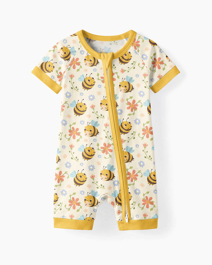 Bees and Flowers Bamboo Shorty Zippered Romper