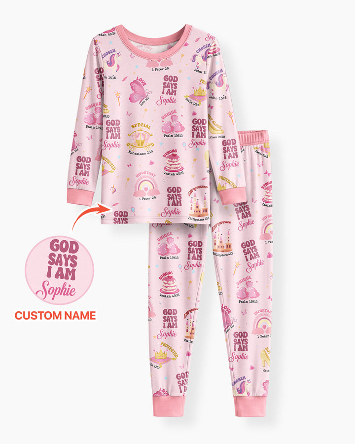 God Says I Am Custom Name - Dreamy Princess Bamboo Two Piece Long Sleeve Pajama Set