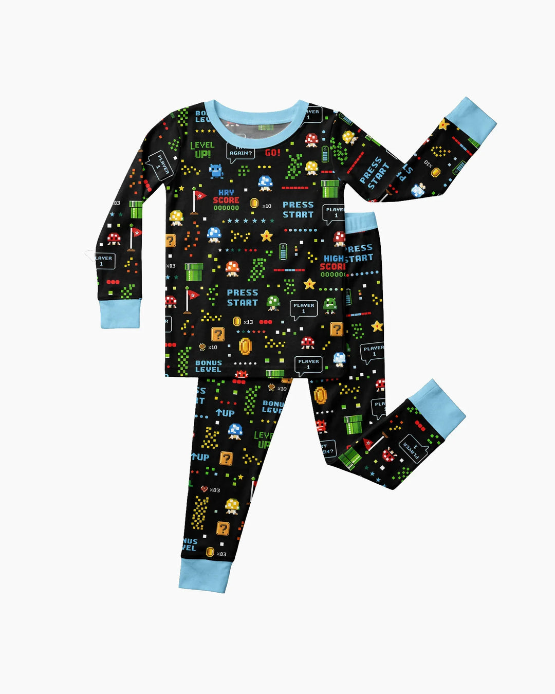 Pijama de dos piezas de manga larga de bambú con motivos de amantes de los videojuegos Pixel