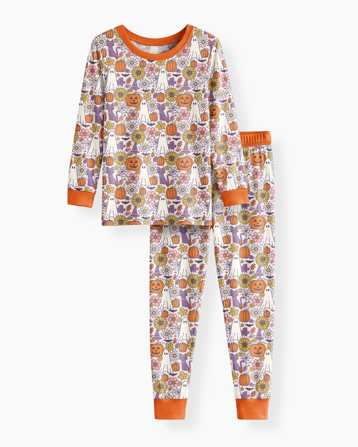 Ghost Pumpkin Fall Floral Halloween Bamboo Two Piece Long Sleeve Pajama Set