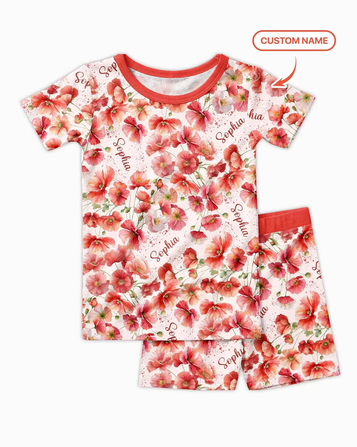 Custom Name Birth Month Flowers Bamboo Two Piece Short Sleeve Shorts Pajama Set